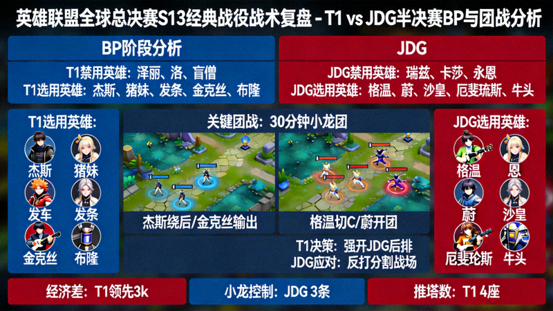 英雄联盟全球总决赛S13经典战役战术复盘 - T1 vs JDG半决赛BP与团战分析